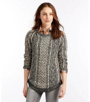 LL Bean Signature Fisherman Tunic Sweater Navy Blue Cotton Cable Knit Sz L